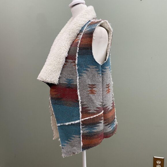 Mossimo Supply Vest Womens Medium Gray Teal Aztec Sherpa Lined Open Front - Picture 5 of 11